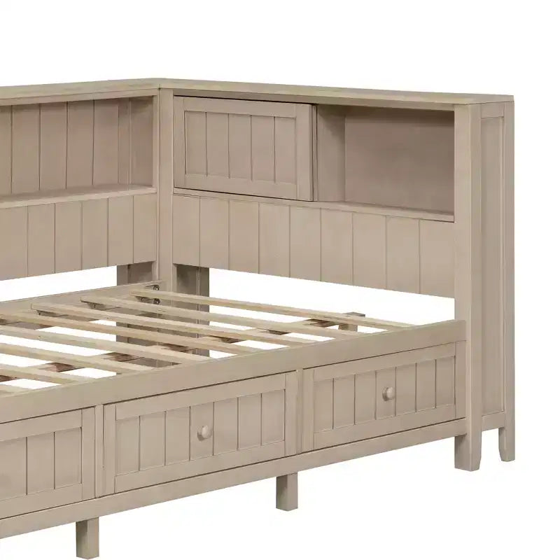 Tagesbett aus Holz mit Stauraum, Plattform-Bettrahmen mit Regalen und 3 Schubladen & Schiebetüren, L-förmiges Eckbett mit Stauraum, Antikweiß