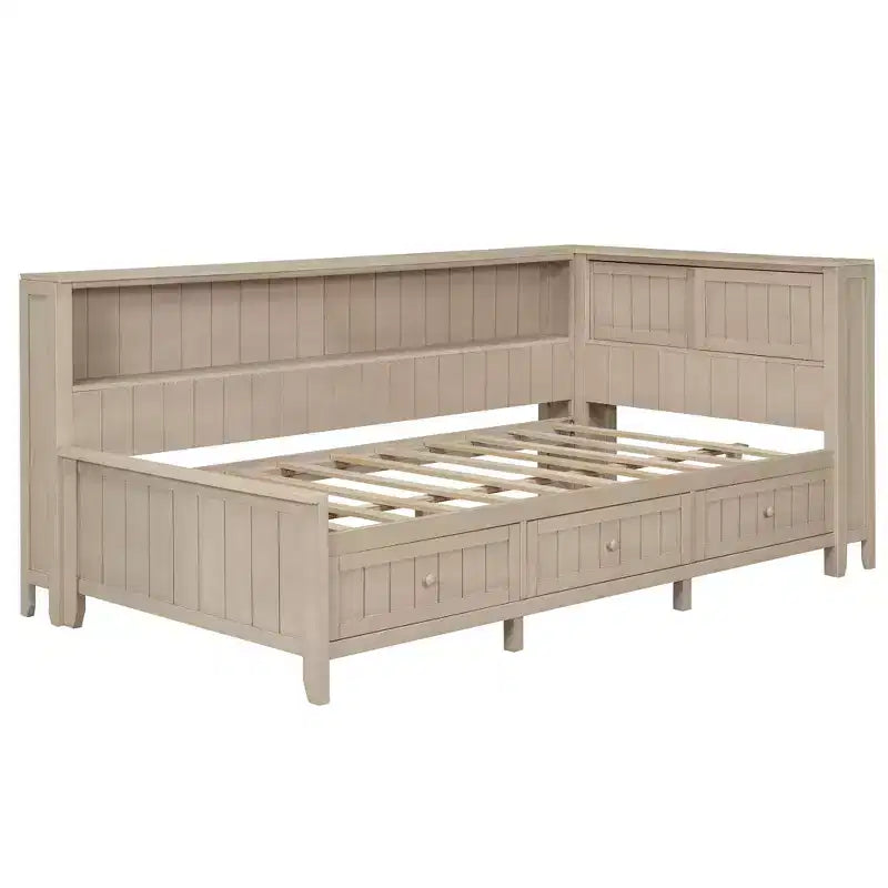 Tagesbett aus Holz mit Stauraum, Plattform-Bettrahmen mit Regalen und 3 Schubladen & Schiebetüren, L-förmiges Eckbett mit Stauraum, Antikweiß