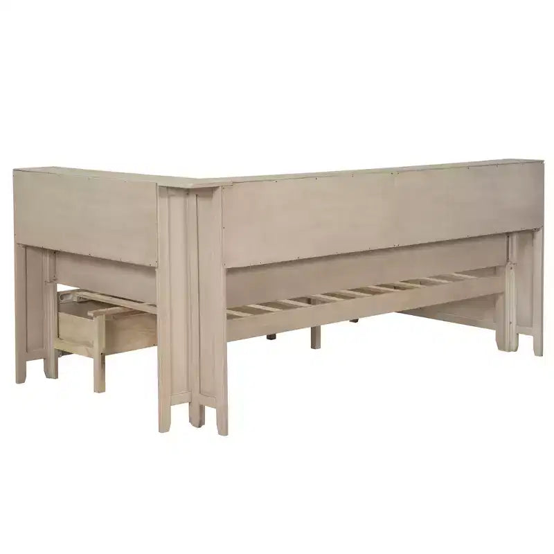 Tagesbett aus Holz mit Stauraum, Plattform-Bettrahmen mit Regalen und 3 Schubladen & Schiebetüren, L-förmiges Eckbett mit Stauraum, Antikweiß