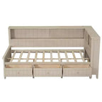 Tagesbett aus Holz mit Stauraum, Plattform-Bettrahmen mit Regalen und 3 Schubladen & Schiebetüren, L-förmiges Eckbett mit Stauraum, Antikweiß