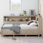 Tagesbett aus Holz mit Stauraum, Plattform-Bettrahmen mit Regalen und 3 Schubladen & Schiebetüren, L-förmiges Eckbett mit Stauraum, Antikweiß