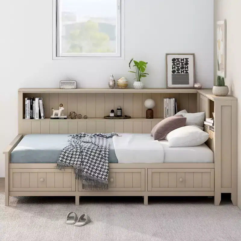 Tagesbett aus Holz mit Stauraum, Plattform-Bettrahmen mit Regalen und 3 Schubladen & Schiebetüren, L-förmiges Eckbett mit Stauraum, Antikweiß
