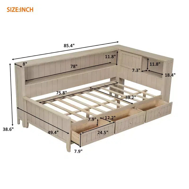 Tagesbett aus Holz mit Stauraum, Plattform-Bettrahmen mit Regalen und 3 Schubladen & Schiebetüren, L-förmiges Eckbett mit Stauraum, Antikweiß