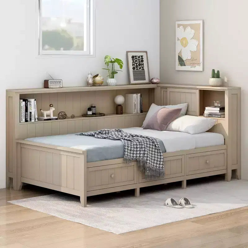 Tagesbett aus Holz mit Stauraum, Plattform-Bettrahmen mit Regalen und 3 Schubladen & Schiebetüren, L-förmiges Eckbett mit Stauraum, Antikweiß
