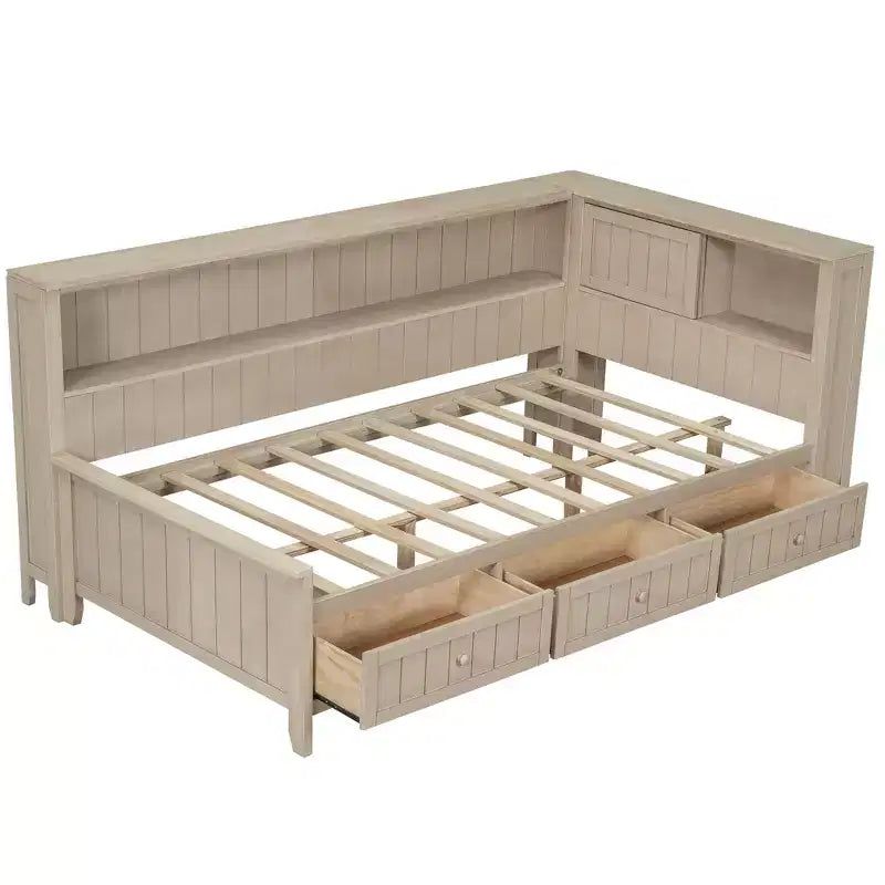 Tagesbett aus Holz mit Stauraum, Plattform-Bettrahmen mit Regalen und 3 Schubladen & Schiebetüren, L-förmiges Eckbett mit Stauraum, Antikweiß