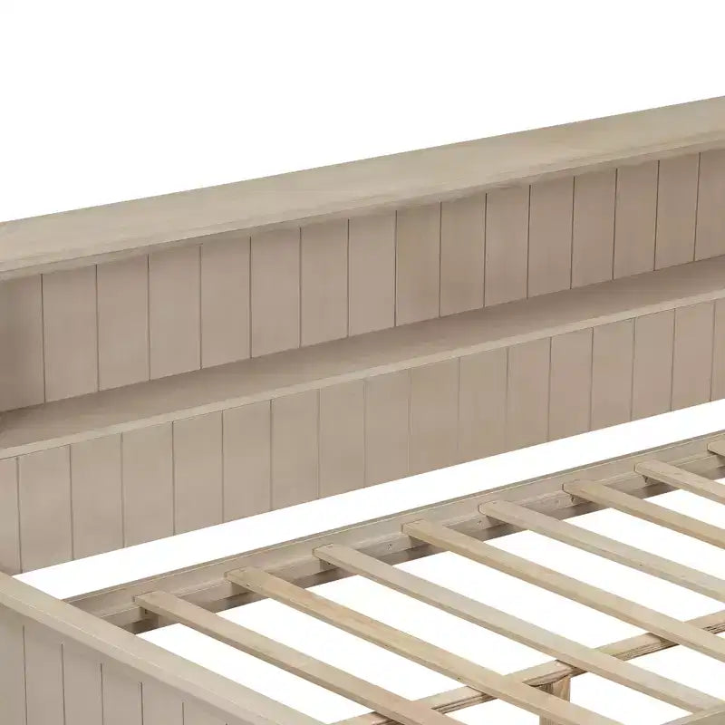 Tagesbett aus Holz mit Stauraum, Plattform-Bettrahmen mit Regalen und 3 Schubladen & Schiebetüren, L-förmiges Eckbett mit Stauraum, Antikweiß