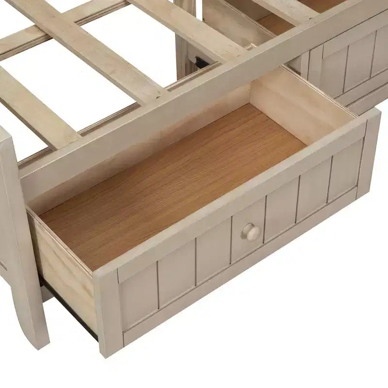 Tagesbett aus Holz mit Stauraum, Plattform-Bettrahmen mit Regalen und 3 Schubladen & Schiebetüren, L-förmiges Eckbett mit Stauraum, Antikweiß