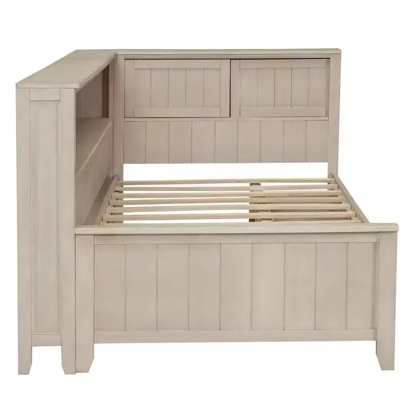 Tagesbett aus Holz mit Stauraum, Plattform-Bettrahmen mit Regalen und 3 Schubladen & Schiebetüren, L-förmiges Eckbett mit Stauraum, Antikweiß