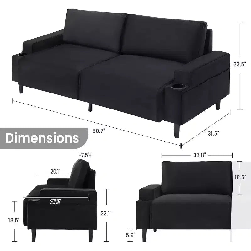 81 Zoll modernes Zweisitzer-Sofa, kleine Sofas mit Becherhalter und Aufbewahrungstasche, 3-Sitzer tiefe Sitzgelegenheit mit weichen Kissen und stabilem Rahmen für das Home Office