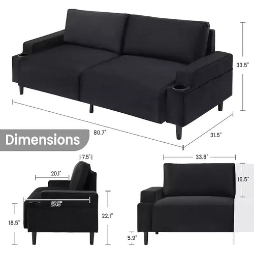 81 Zoll modernes Zweisitzer-Sofa, kleine Sofas mit Becherhalter und Aufbewahrungstasche, 3-Sitzer tiefe Sitzgelegenheit mit weichen Kissen und stabilem Rahmen für das Home Office