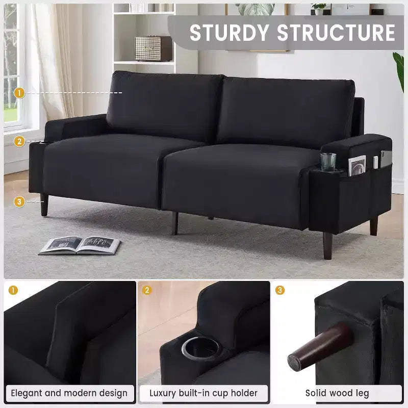 81 Zoll modernes Zweisitzer-Sofa, kleine Sofas mit Becherhalter und Aufbewahrungstasche, 3-Sitzer tiefe Sitzgelegenheit mit weichen Kissen und stabilem Rahmen für das Home Office