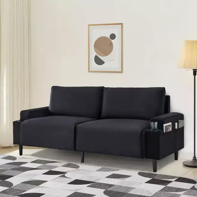81 Zoll modernes Zweisitzer-Sofa, kleine Sofas mit Becherhalter und Aufbewahrungstasche, 3-Sitzer tiefe Sitzgelegenheit mit weichen Kissen und stabilem Rahmen für das Home Office