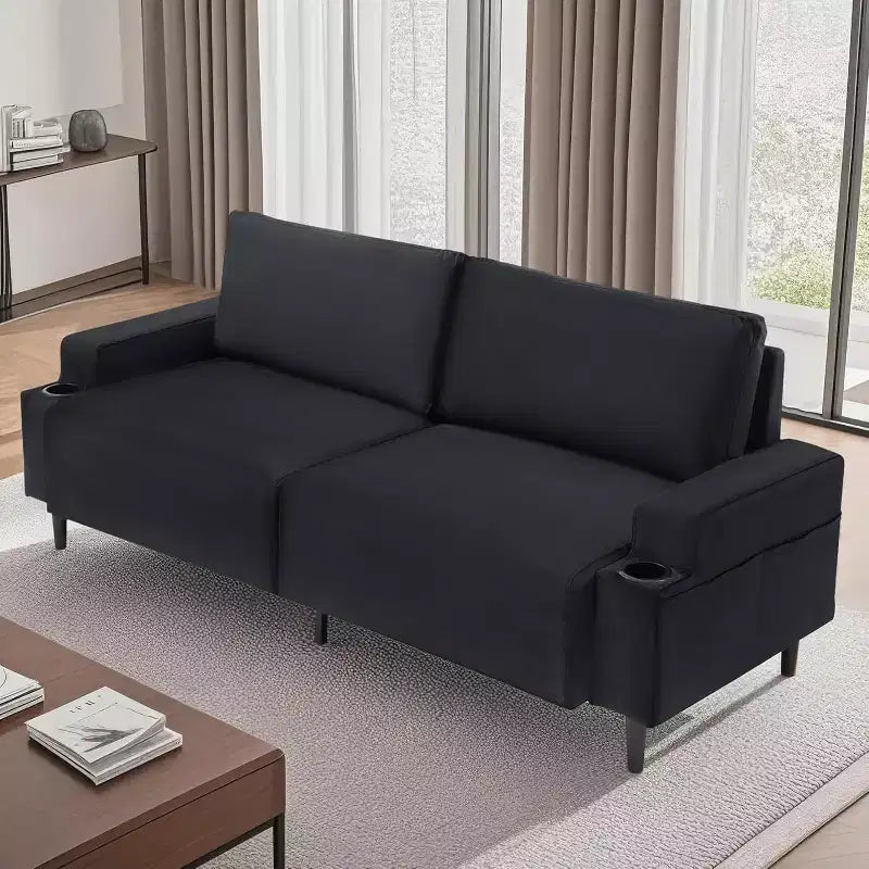81 Zoll modernes Zweisitzer-Sofa, kleine Sofas mit Becherhalter und Aufbewahrungstasche, 3-Sitzer tiefe Sitzgelegenheit mit weichen Kissen und stabilem Rahmen für das Home Office
