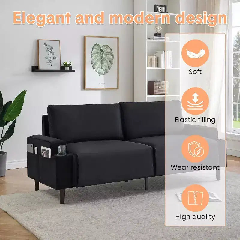 81 Zoll modernes Zweisitzer-Sofa, kleine Sofas mit Becherhalter und Aufbewahrungstasche, 3-Sitzer tiefe Sitzgelegenheit mit weichen Kissen und stabilem Rahmen für das Home Office