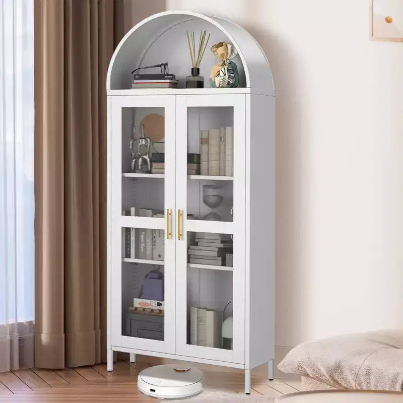 73 Modern Arched Metal Cabinet with Glass Doors & 2 Adjustable Shelves, Arch-Top Storage Unit for Pantry, Living & Dining Rooms