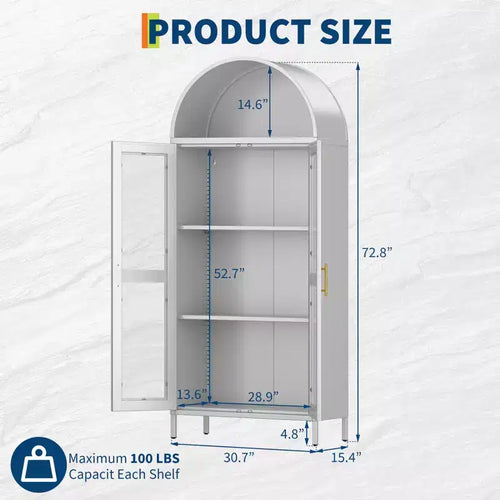 73 Moderner gewölbter Metallschrank mit Glastüren & 2 verstellbaren Einlegeböden, bogenförmiges Aufbewahrungsmöbel für Speisekammer, Wohn- & Esszimmer