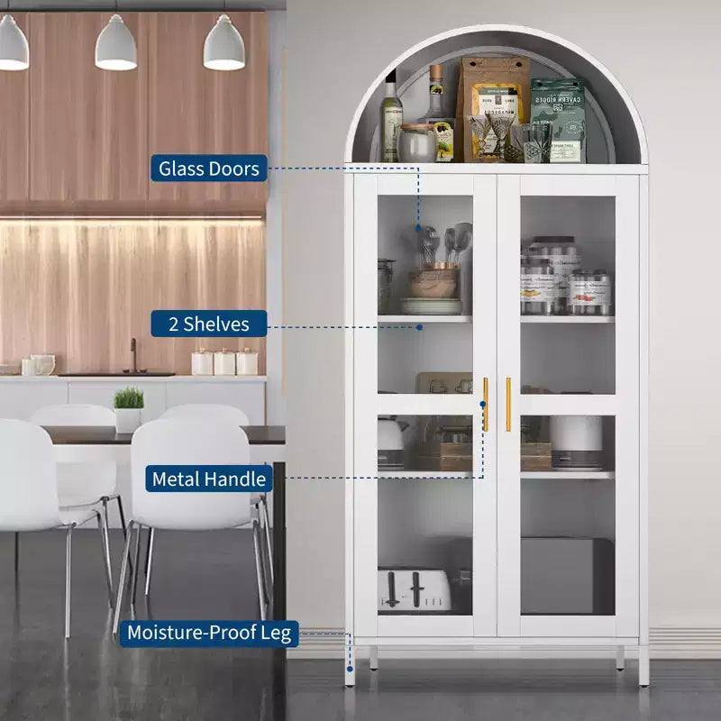 73 Moderner gewölbter Metallschrank mit Glastüren & 2 verstellbaren Einlegeböden, bogenförmiges Aufbewahrungsmöbel für Speisekammer, Wohn- & Esszimmer