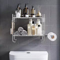 2-Tier Bathroom Shelf Organiser, Space Saving Multi-Purpose Metal Organiser Rack Over The Toilet Storage Rack with 2 Hooks