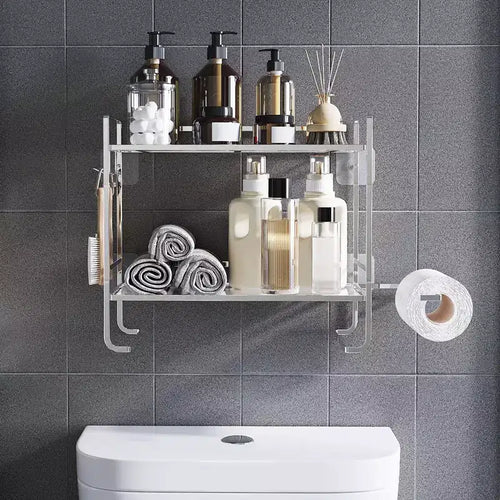 2-Tier Bathroom Shelf Organiser, Space Saving Multi-Purpose Metal Organiser Rack Over The Toilet Storage Rack with 2 Hooks