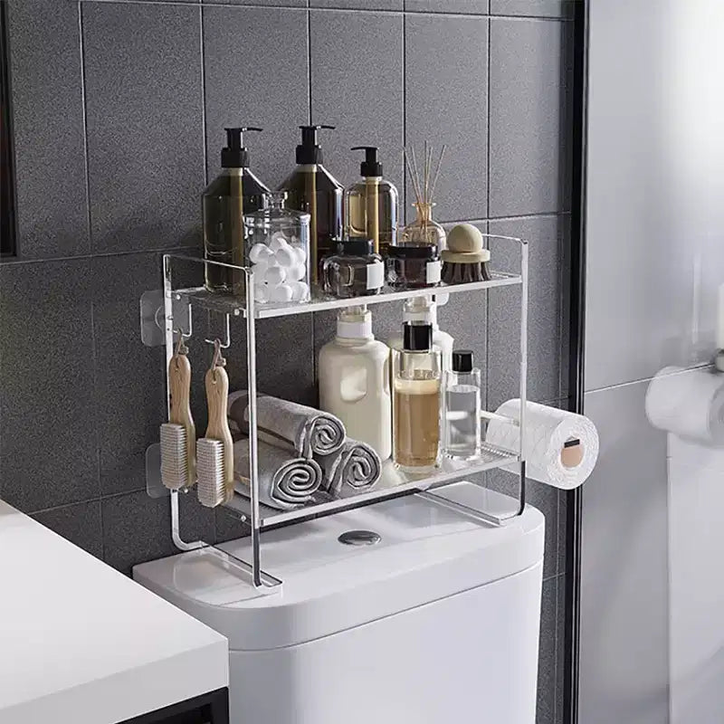 2-stufiges Badezimmerregal, platzsparendes Mehrzweck-Metallregal über der Toilette mit 2 Haken