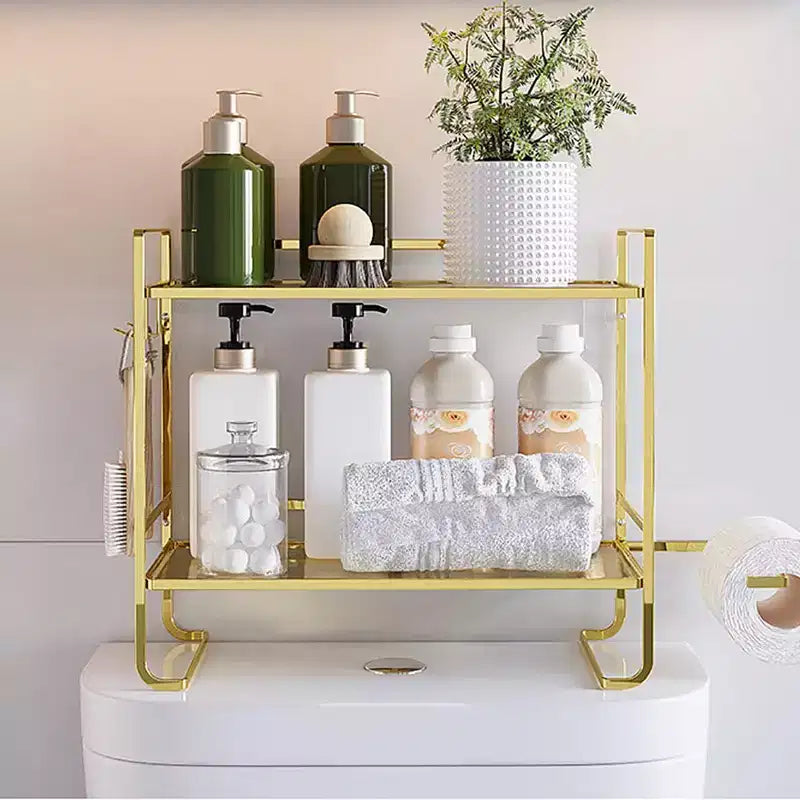 2-stufiges Badezimmerregal, platzsparendes Mehrzweck-Metallregal über der Toilette mit 2 Haken
