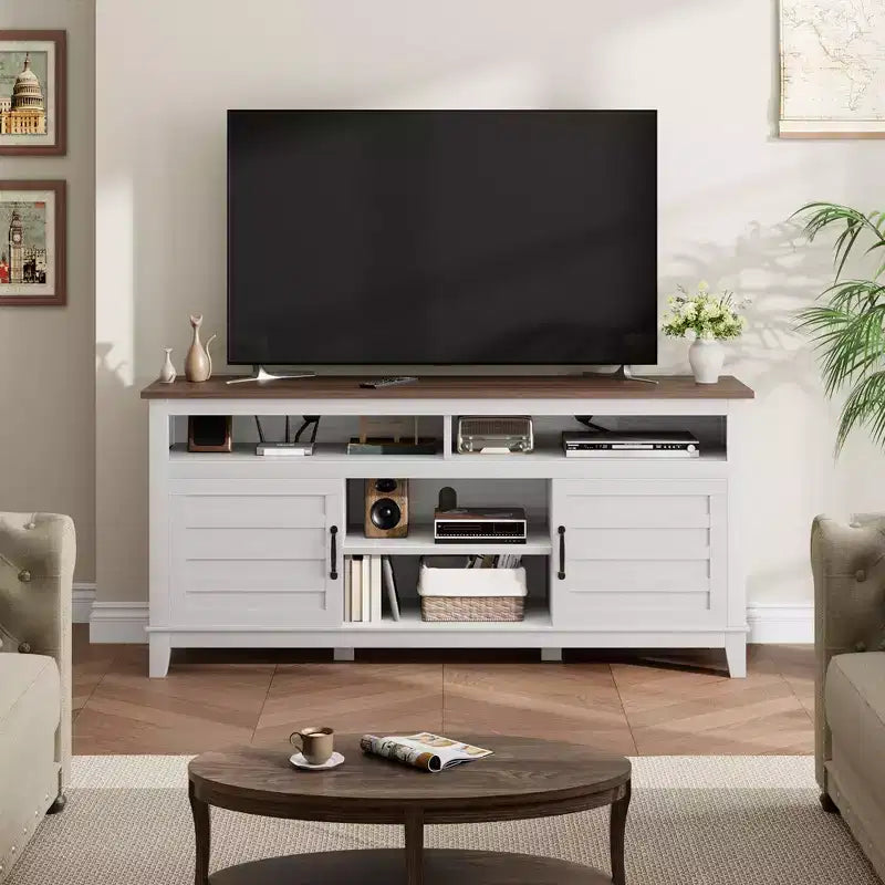 TV Stand Entertainment Center with Adjustable Shelves, Farmhouse TV Stand with Cabinet Doors,for Living Room, Bedroom