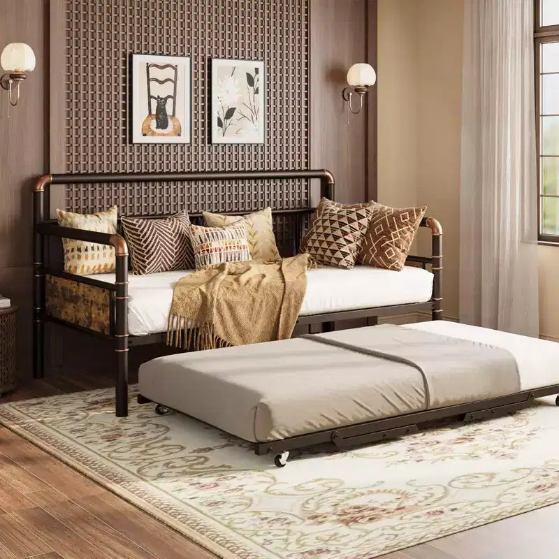 Double bed frame, pop-out letter bed frame, with locking casters, foldable, simple and lightweight assembly.