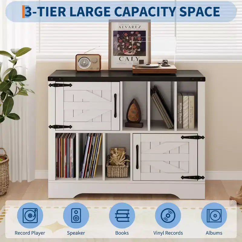 CuisinSmart 39'' Plattenspielerständer mit Vinyl-Aufbewahrung, Vinyl-Platten-Aufbewahrungsschrank mit 2 Scheunentüren, bis zu 450 Alben für Wohn- & Musikzimmer
