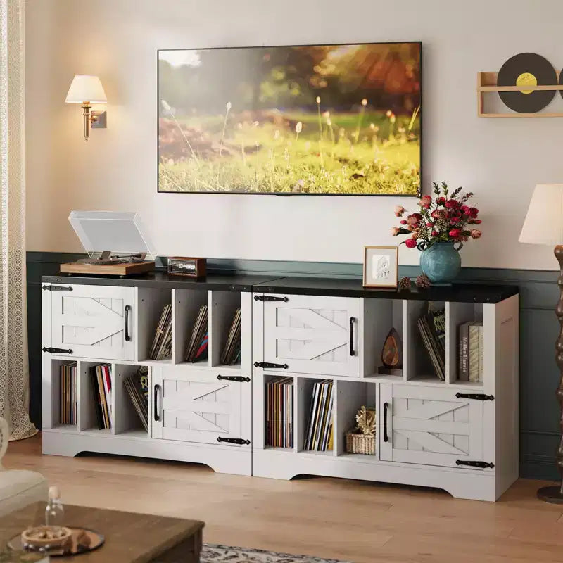 CuisinSmart 39'' Plattenspielerständer mit Vinyl-Aufbewahrung, Vinyl-Platten-Aufbewahrungsschrank mit 2 Scheunentüren, bis zu 450 Alben für Wohn- & Musikzimmer