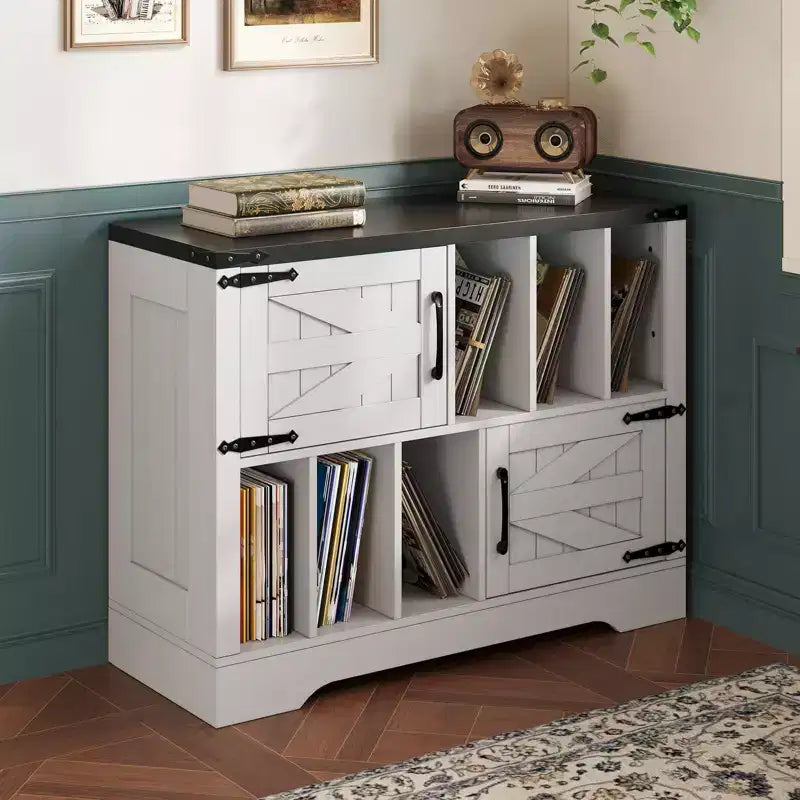 CuisinSmart 39'' Plattenspielerständer mit Vinyl-Aufbewahrung, Vinyl-Platten-Aufbewahrungsschrank mit 2 Scheunentüren, bis zu 450 Alben für Wohn- & Musikzimmer