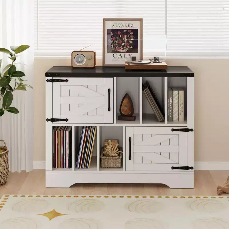 CuisinSmart 39'' Plattenspielerständer mit Vinyl-Aufbewahrung, Vinyl-Platten-Aufbewahrungsschrank mit 2 Scheunentüren, bis zu 450 Alben für Wohn- & Musikzimmer