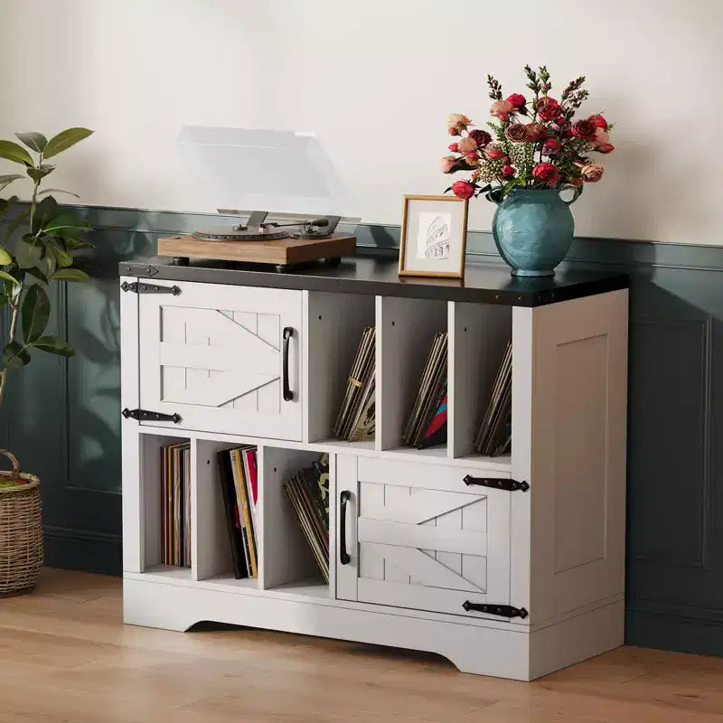 CuisinSmart 39'' Plattenspielerständer mit Vinyl-Aufbewahrung, Vinyl-Platten-Aufbewahrungsschrank mit 2 Scheunentüren, bis zu 450 Alben für Wohn- & Musikzimmer