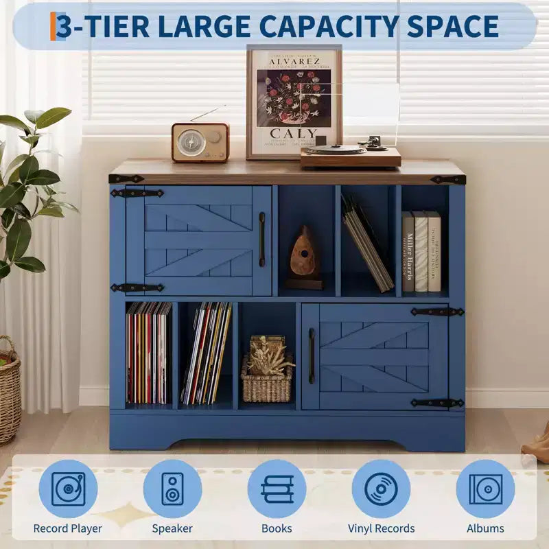 CuisinSmart 39'' Plattenspielerständer mit Vinyl-Aufbewahrung, Vinyl-Platten-Aufbewahrungsschrank mit 2 Scheunentüren, bis zu 450 Alben für Wohn- & Musikzimmer