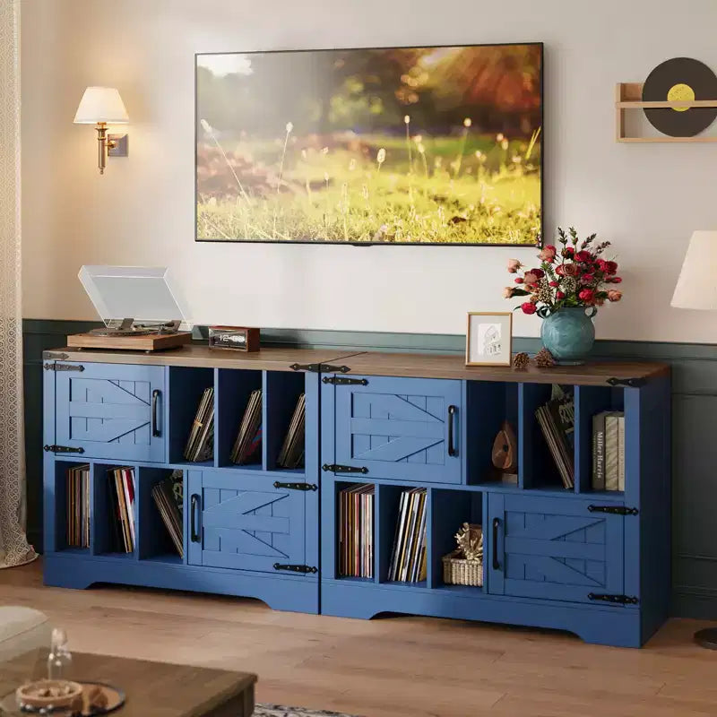CuisinSmart 39'' Plattenspielerständer mit Vinyl-Aufbewahrung, Vinyl-Platten-Aufbewahrungsschrank mit 2 Scheunentüren, bis zu 450 Alben für Wohn- & Musikzimmer