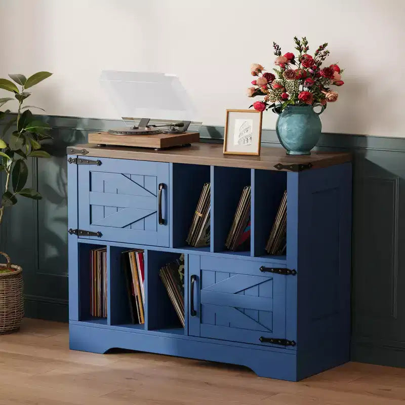 CuisinSmart 39'' Plattenspielerständer mit Vinyl-Aufbewahrung, Vinyl-Platten-Aufbewahrungsschrank mit 2 Scheunentüren, bis zu 450 Alben für Wohn- & Musikzimmer