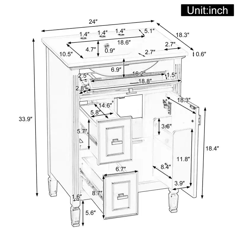 GDFStudio Crystal 24 Waschtischunterschrank aus Massivholz mit Waschbecken und verstellbarer Ablage