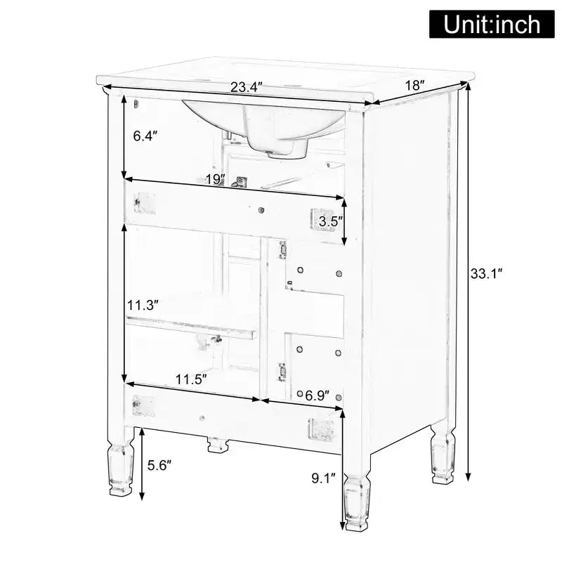 GDFStudio Crystal 24 Waschtischunterschrank aus Massivholz mit Waschbecken und verstellbarer Ablage