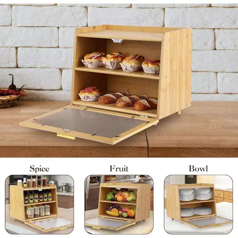 2-lagiger Brotkasten aus Bambus mit Acryltür, Brotaufbewahrungsbehälter für die Küchenarbeitsplatte, zur Organisation von Baguettes, Gebäck und Backwaren