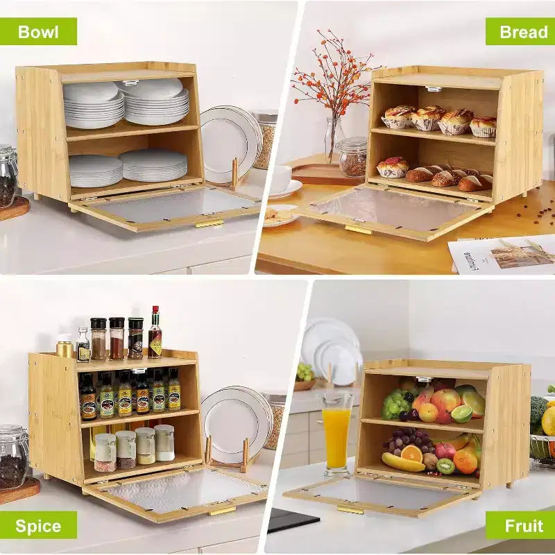 2-lagiger Brotkasten aus Bambus mit Acryltür, Brotaufbewahrungsbehälter für die Küchenarbeitsplatte, zur Organisation von Baguettes, Gebäck und Backwaren