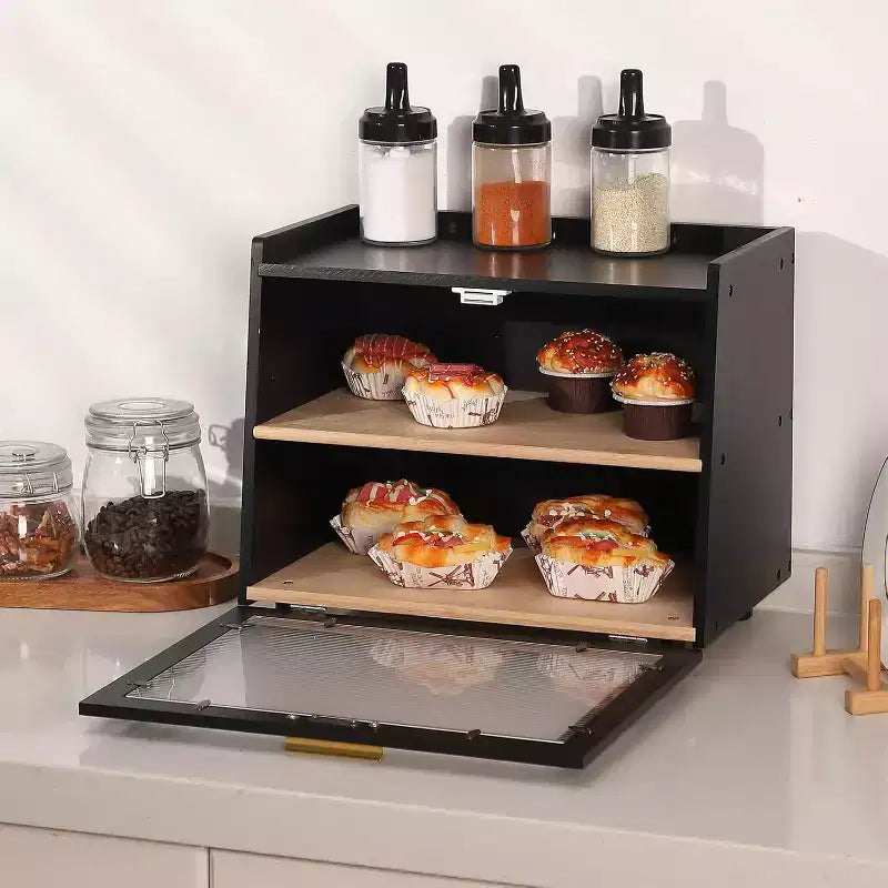 2-Layer Bamboo Bread Box with Acrylic Door, Bread Storage Container for Kitchen Countertop, Organizing Baguettes, Pastries & Baked Goods