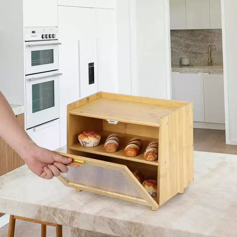 2-lagiger Brotkasten aus Bambus mit Acryltür, Brotaufbewahrungsbehälter für die Küchenarbeitsplatte, zur Organisation von Baguettes, Gebäck und Backwaren