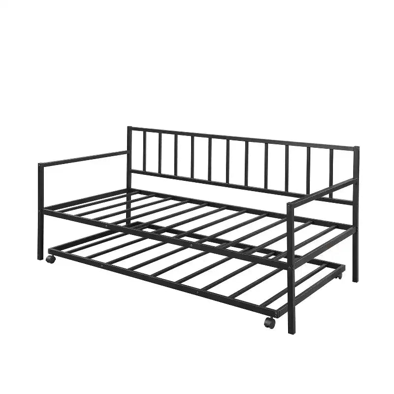Metall-Tagesbett in Twin-Größe mit Rollbett, Metall-Lounge-Tagesbettgestell mit ausziehbarem Rollbett für das Wohnzimmer, Schwarz