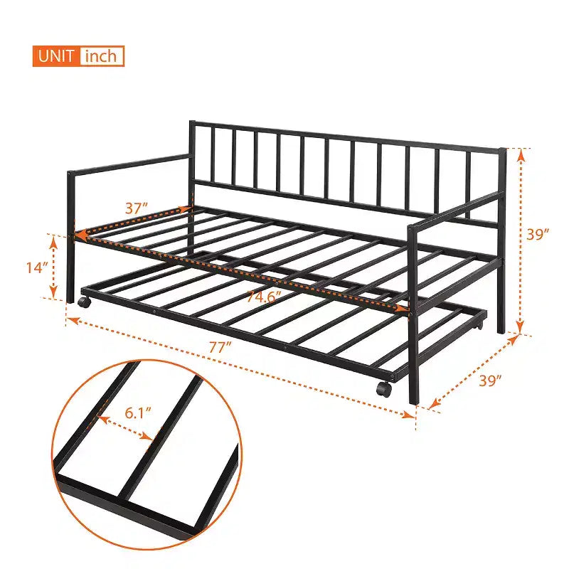 Metall-Tagesbett in Twin-Größe mit Rollbett, Metall-Lounge-Tagesbettgestell mit ausziehbarem Rollbett für das Wohnzimmer, Schwarz