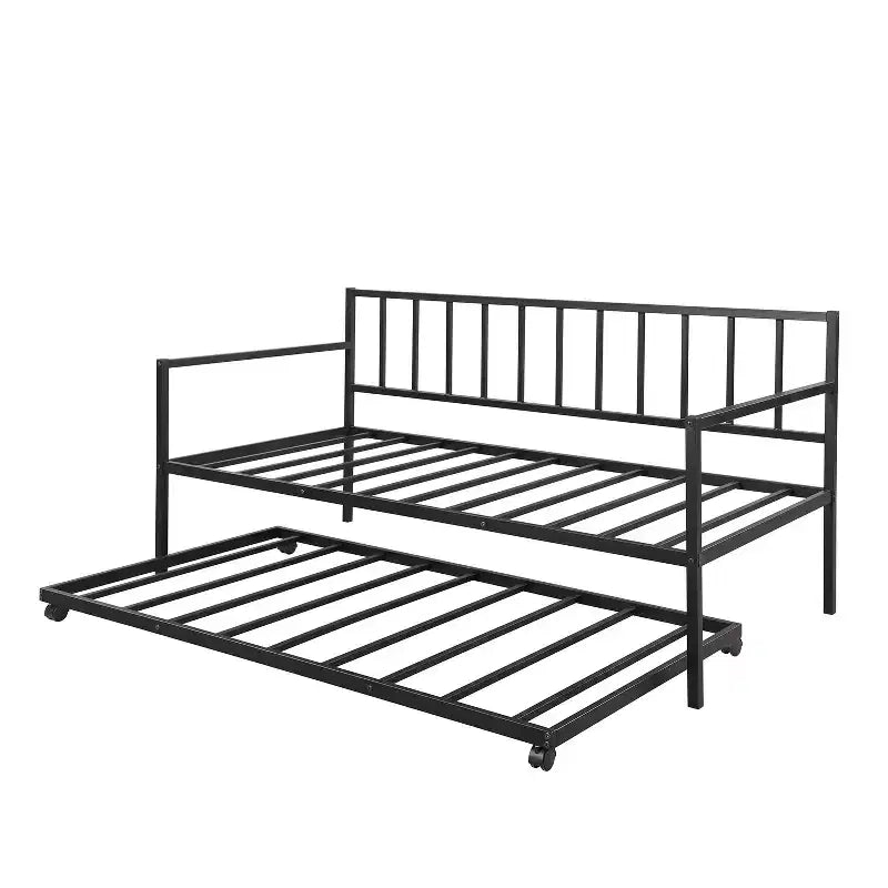 Metall-Tagesbett in Twin-Größe mit Rollbett, Metall-Lounge-Tagesbettgestell mit ausziehbarem Rollbett für das Wohnzimmer, Schwarz
