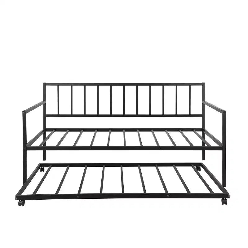 Metall-Tagesbett in Twin-Größe mit Rollbett, Metall-Lounge-Tagesbettgestell mit ausziehbarem Rollbett für das Wohnzimmer, Schwarz