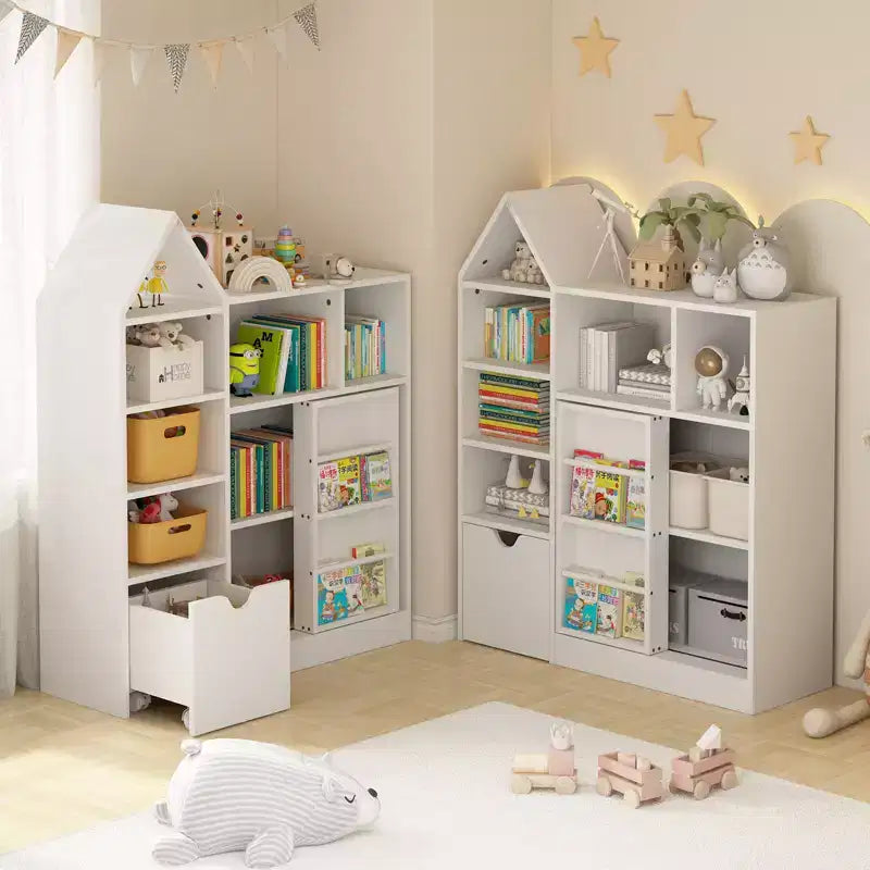 Kids Bookshelf with Movable Drawer, 7 Storage Cubbies Bookcase, Kids Storage Organizer Cabinet for Playroom Nursery Classroom