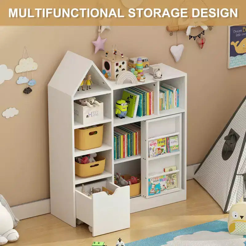 Kinder Bücherregal mit verschiebbarer Schublade, Bücherregal mit 7 Staufächern, Kinder-Aufbewahrungsschrank für Spielzimmer, Kinderzimmer, Klassenzimmer