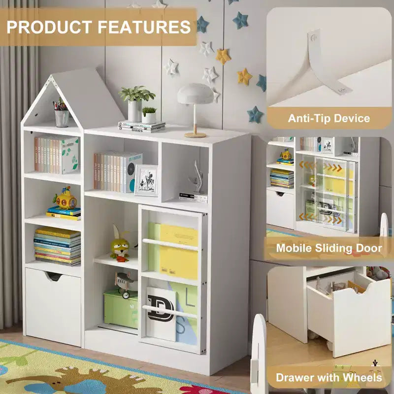 Kinder Bücherregal mit verschiebbarer Schublade, Bücherregal mit 7 Staufächern, Kinder-Aufbewahrungsschrank für Spielzimmer, Kinderzimmer, Klassenzimmer