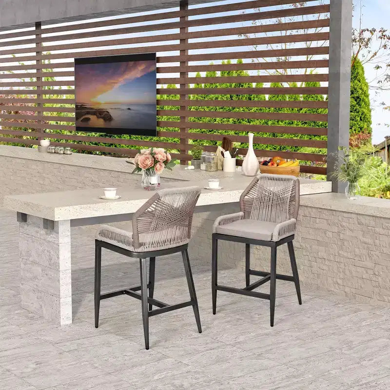 Counter Height Bar Stools Set of 2, Rattan Woven Barstools with Back and Arms