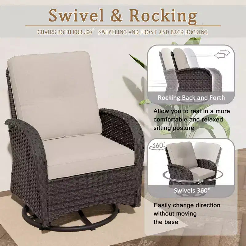 UPTIOT 6-teiliges Loungeset aus Weidengeflecht, drehbare Outdoor-Schaukelstühle